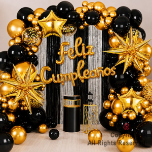 SET DE GLOBOS ARCO XL FELIZ CUMPLEA�OS NEGRO Y ORO (GY 7824) 100 UNIDADES